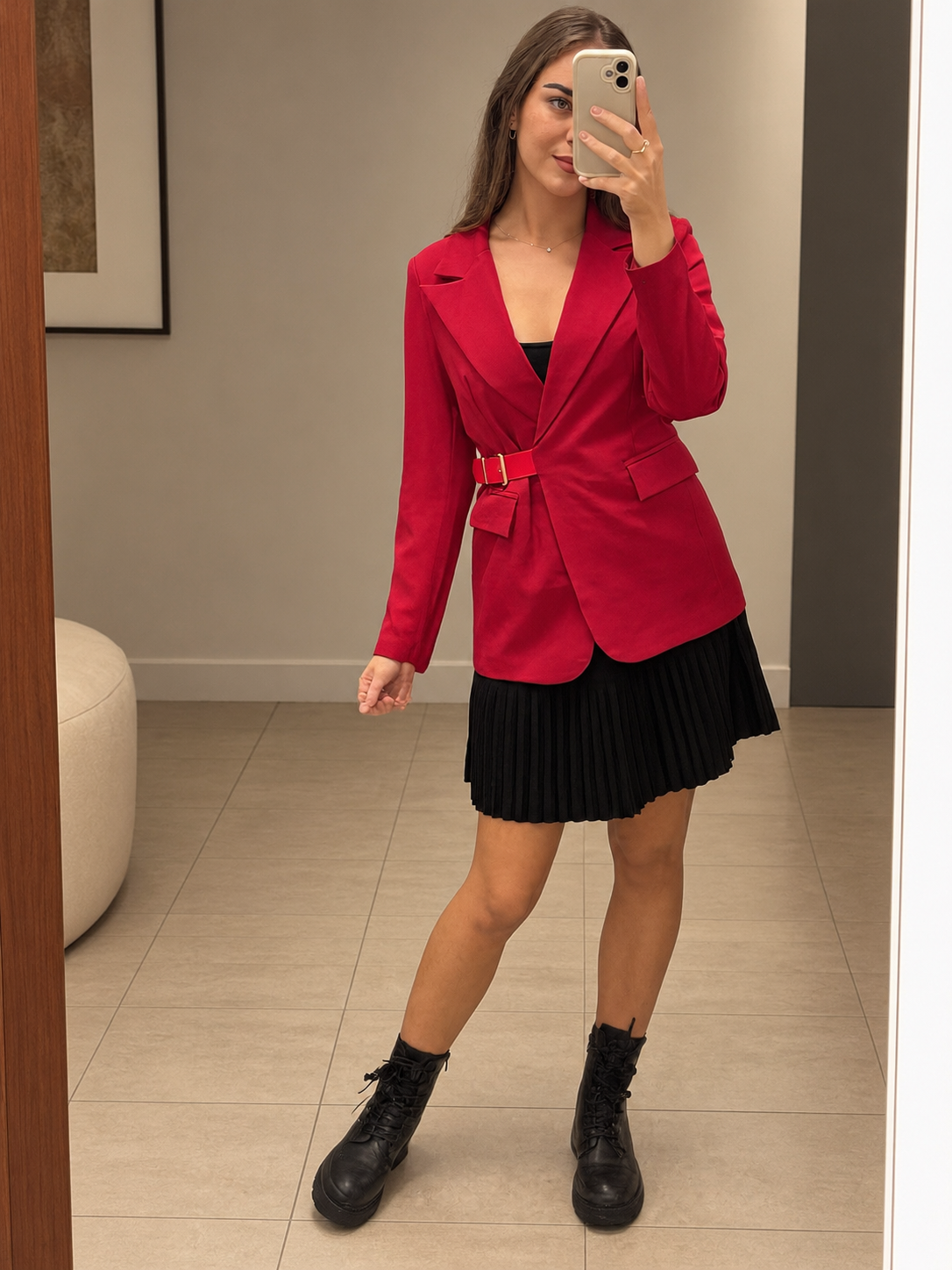 VICTORIA eleganten blazer s pasom - rdeč