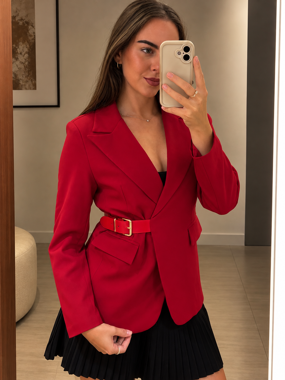 VICTORIA eleganten blazer s pasom - rdeč