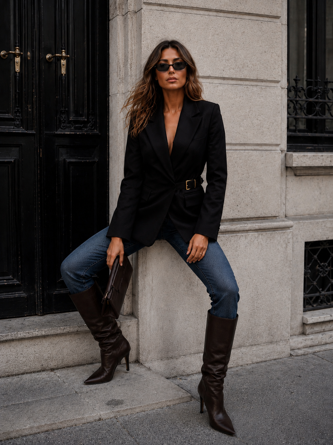 VICTORIA eleganten blazer s pasom - črn