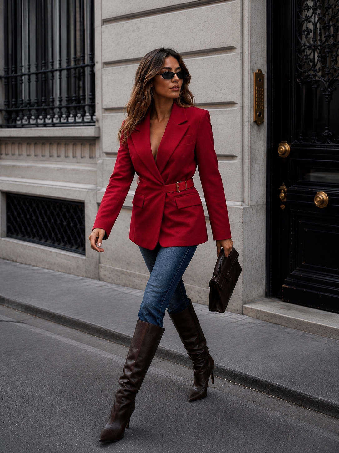 VICTORIA eleganten blazer s pasom - rdeč