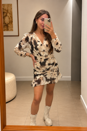 MILENA obleka z naborki - bež/rjava